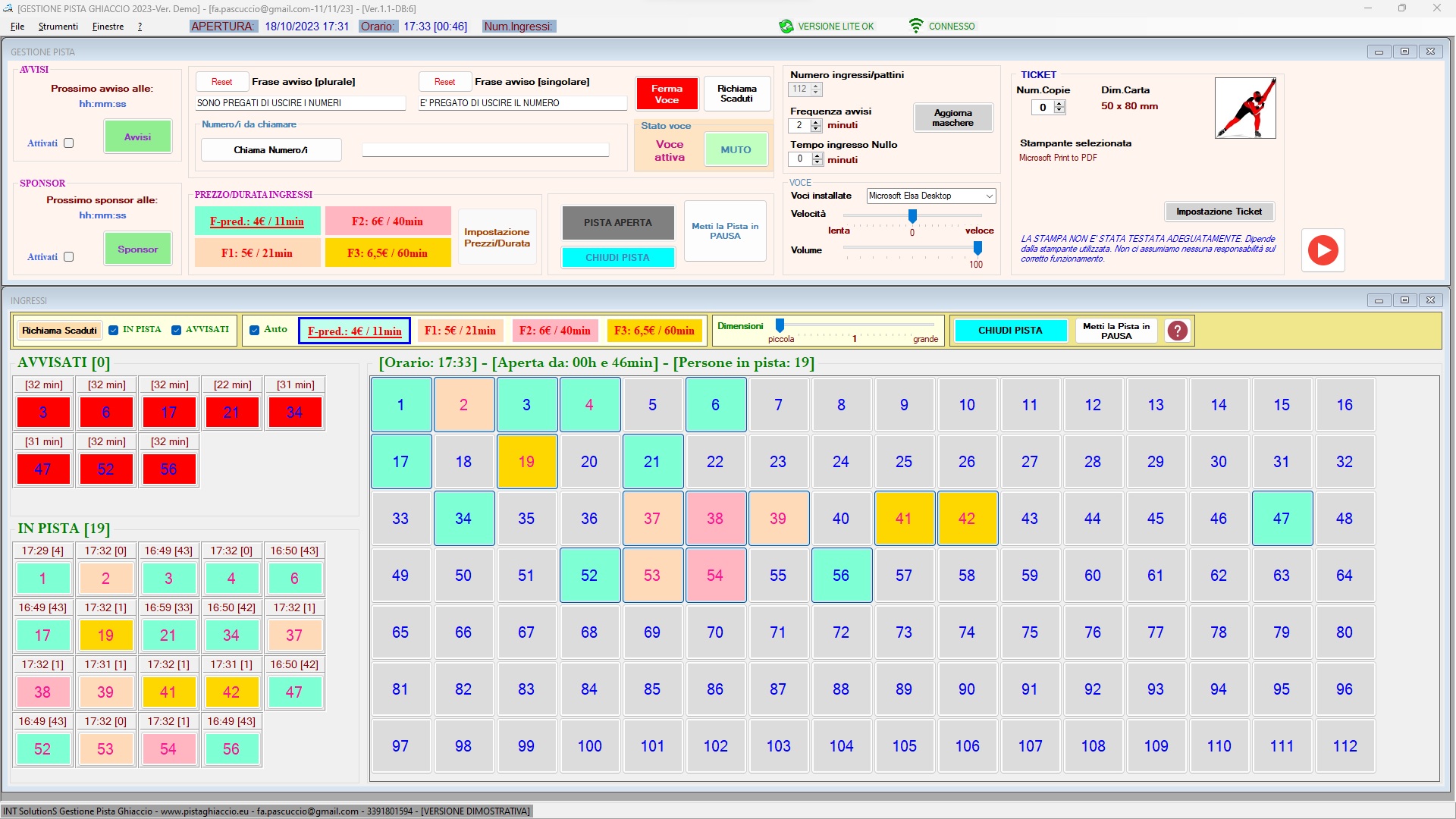 Gestione Luna Park e Pista di Ghiaccio: schermata principale