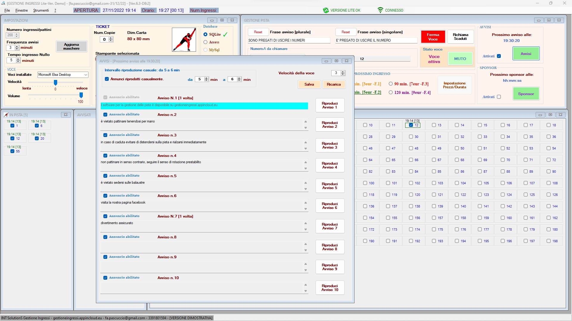 Gestione Luna Park e Pista di Ghiaccio: schermata avvisi