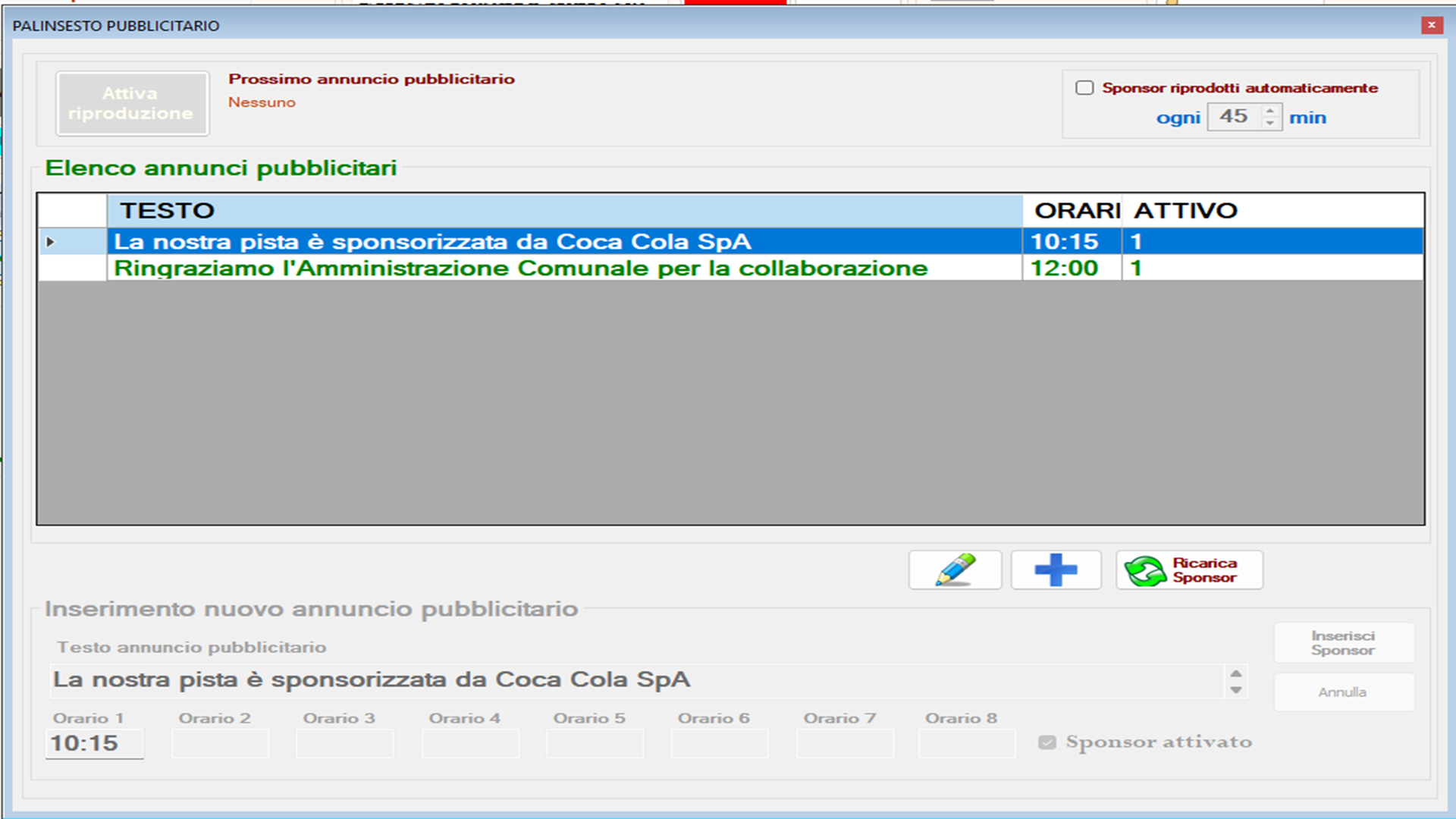 Gestione Luna Park e Pista di Ghiaccio: schermata sponsor